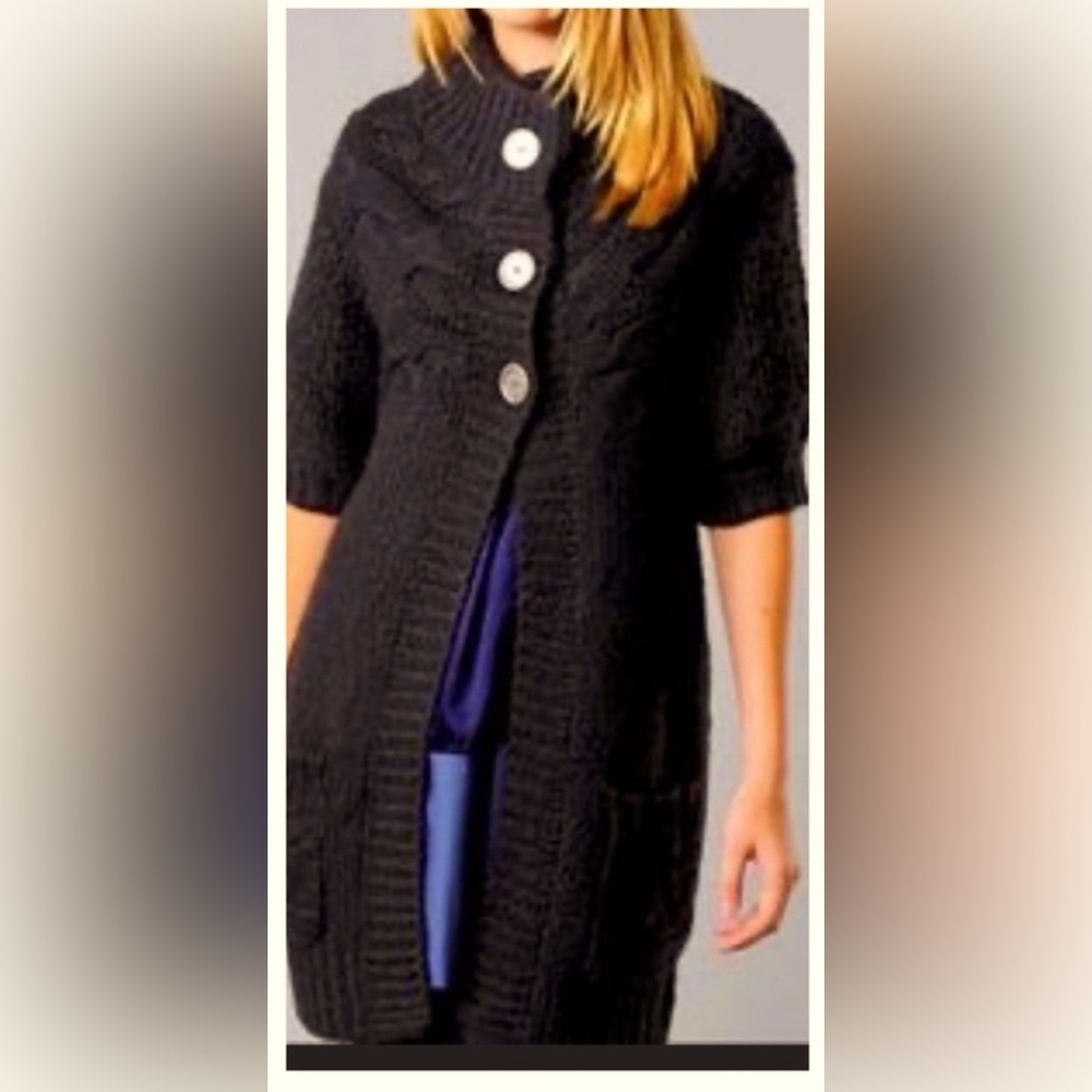 Free People Long Tunic Sweater Cardigan Chunky Knit Short Sleeves Black XS EUC